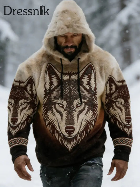 Herren Viking Vintage Wolf Celtic Flanell Warm Hoodie Khaki / S