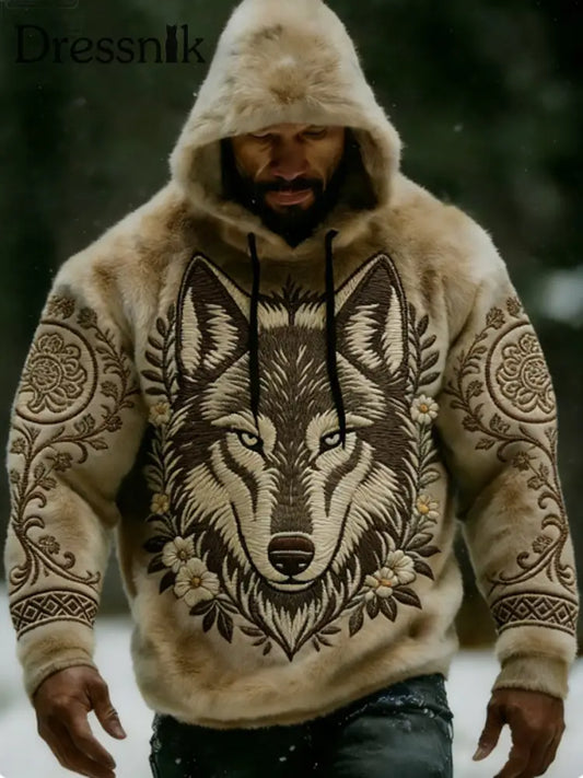 Herren Viking Vintage Wolf Celtic Flanell Warm Hoodie Khaki / S