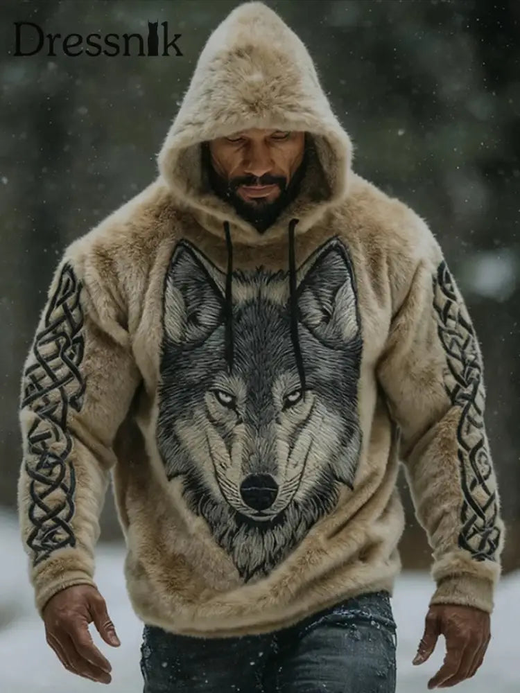 Herren Viking Vintage Wolf Celtic Flanell Warm Hoodie Khaki / S