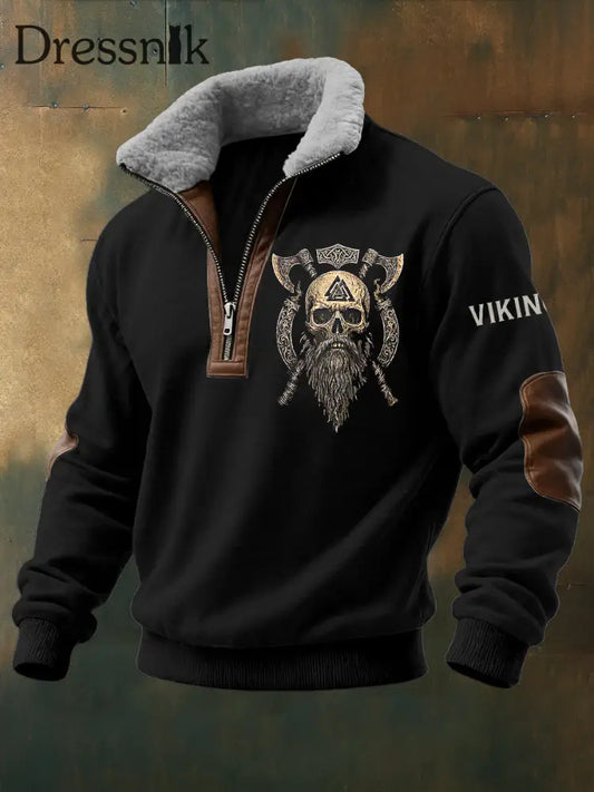 Herren Viking Warrior Skull Bedruckt Langarm Stehkragen Reiß verschluss Lamb Wolle Top Schwarz / S