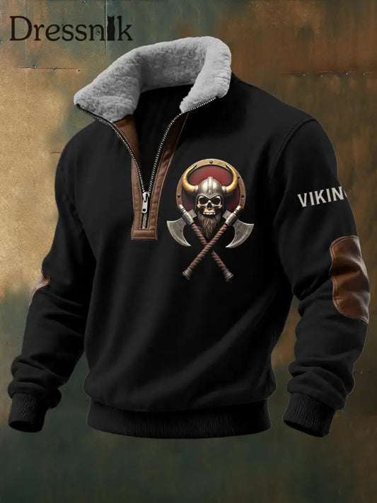 Herren Viking Warrior Skull Bedruckt Langarm Stehkragen Reiß verschluss Lamb Wolle Top Schwarz / S