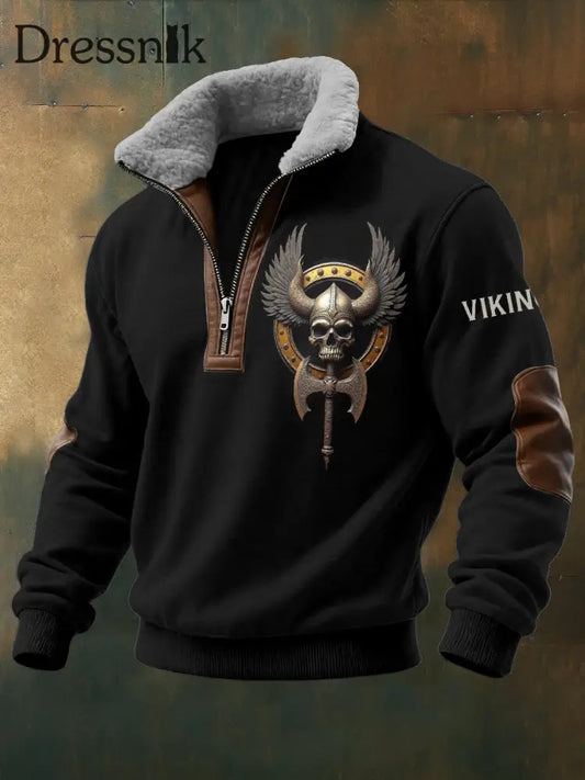 Herren Viking Warrior Skull Bedruckt Langarm Stehkragen Reiß verschluss Lamb Wolle Top Schwarz / S