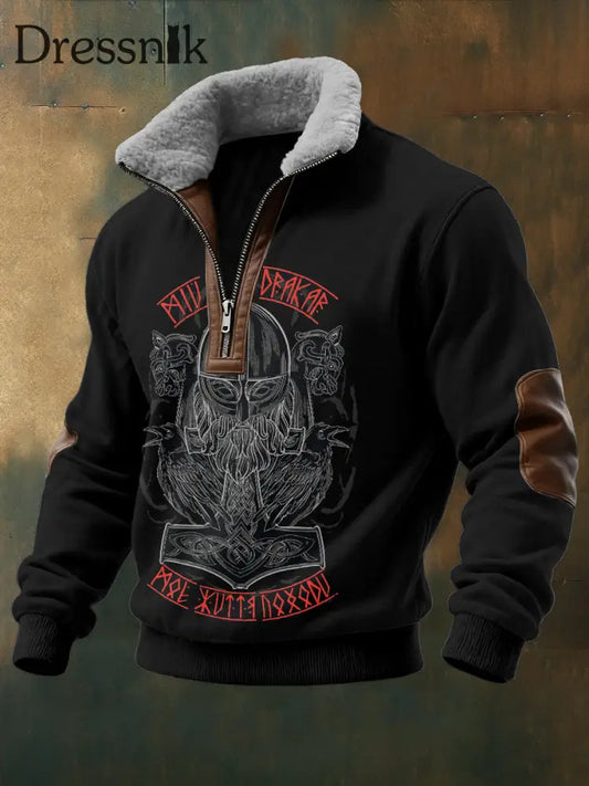 Herren Viking Warrior Skull Bedruckt Langarm Stehkragen Reiß verschluss Lamb Wolle Top Schwarz / S