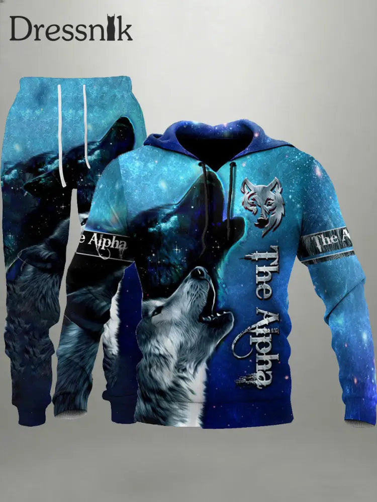 Herren Viking Wolf Hoodie und Jogging hose Set blau / S