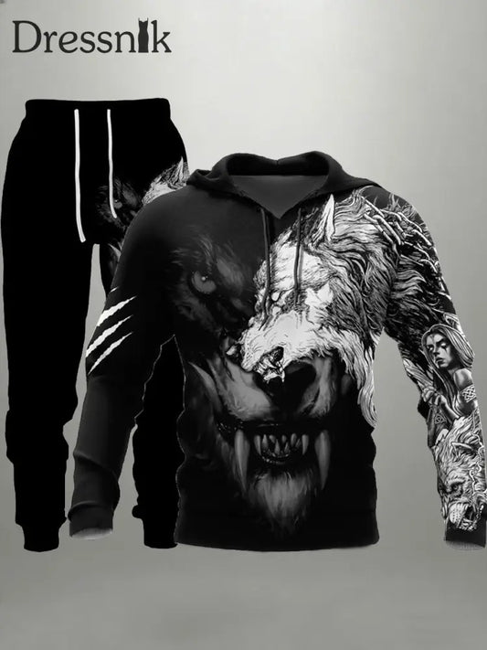 Herren Viking Wolf Hoodie und Jogging hose Set Schwarz / S