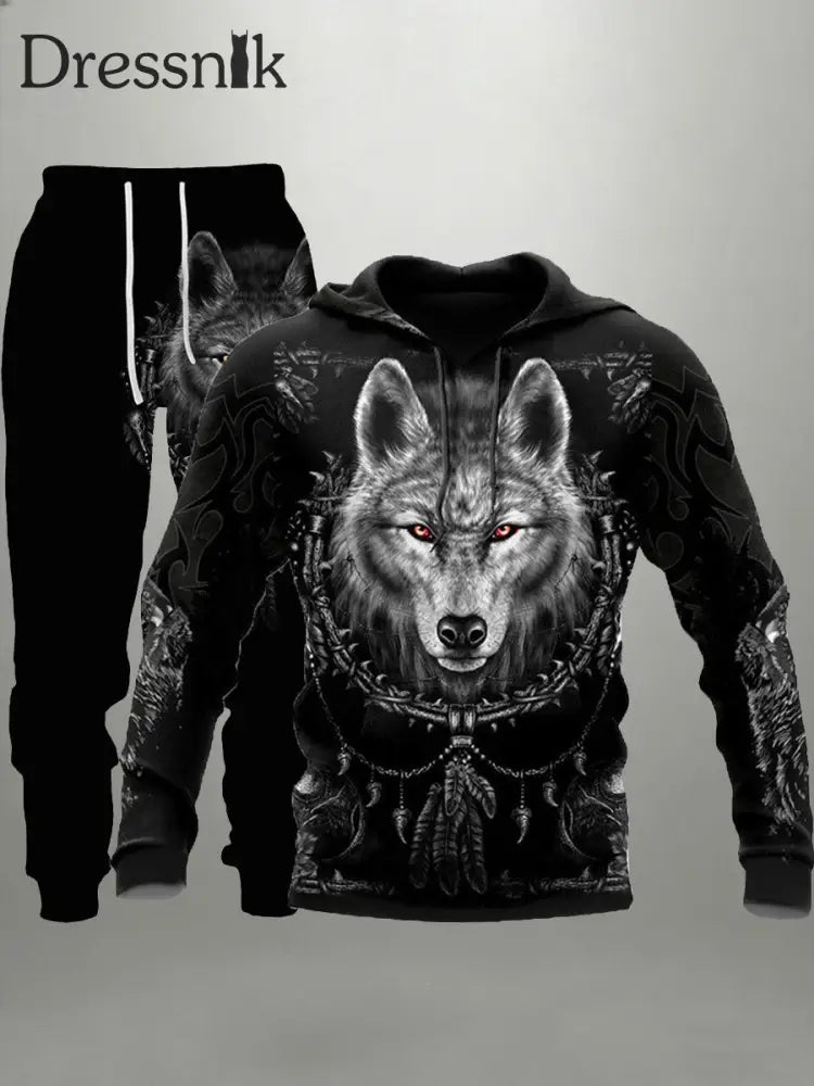Herren Viking Wolf Hoodie und Jogging hose Set Schwarz / S