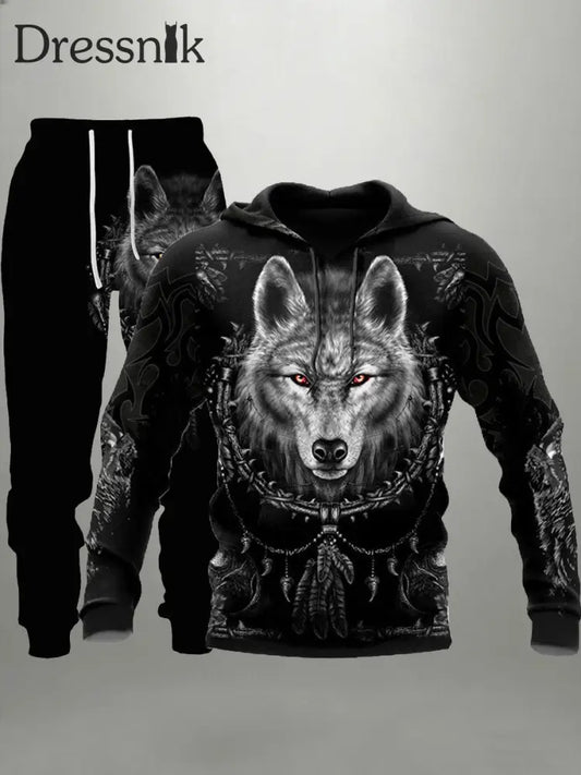 Herren Viking Wolf Hoodie und Jogging hose Set Schwarz / S