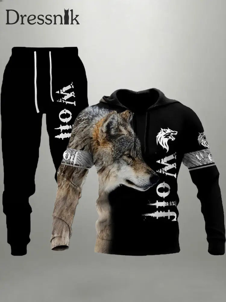 Herren Viking Wolf Hoodie und Jogging hose Set Schwarz / S