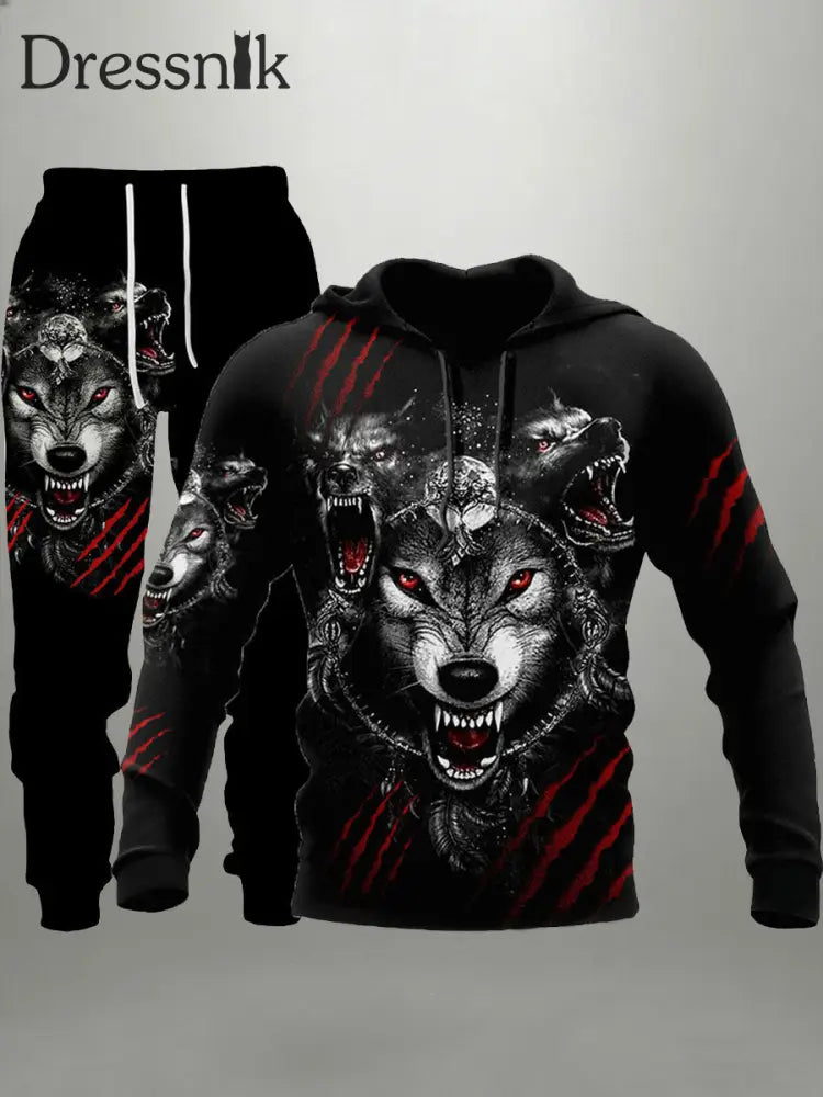 Herren Viking Wolf Hoodie und Jogging hose Set Schwarz / S