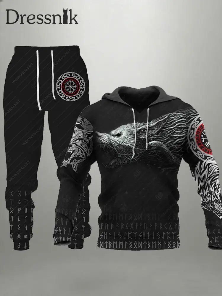 Herren Viking Wolf Hoodie und Jogging hose Set Schwarz / S