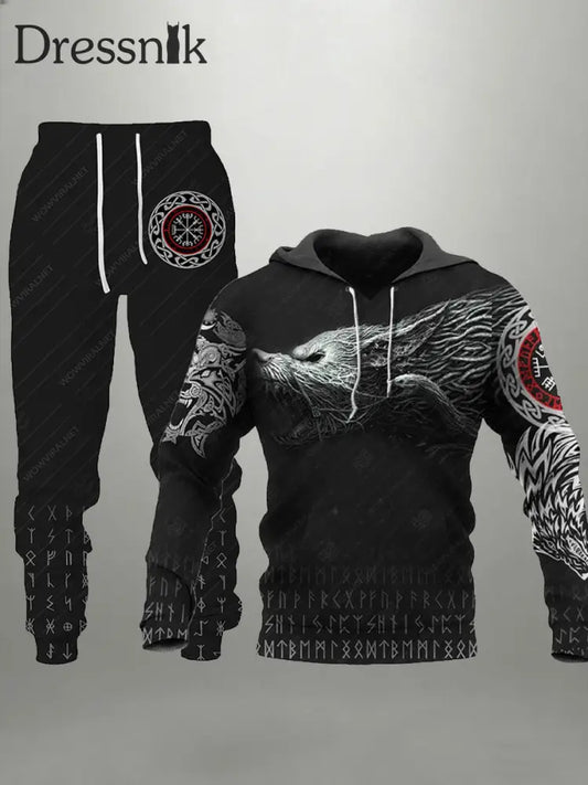 Herren Viking Wolf Hoodie und Jogging hose Set Schwarz / S