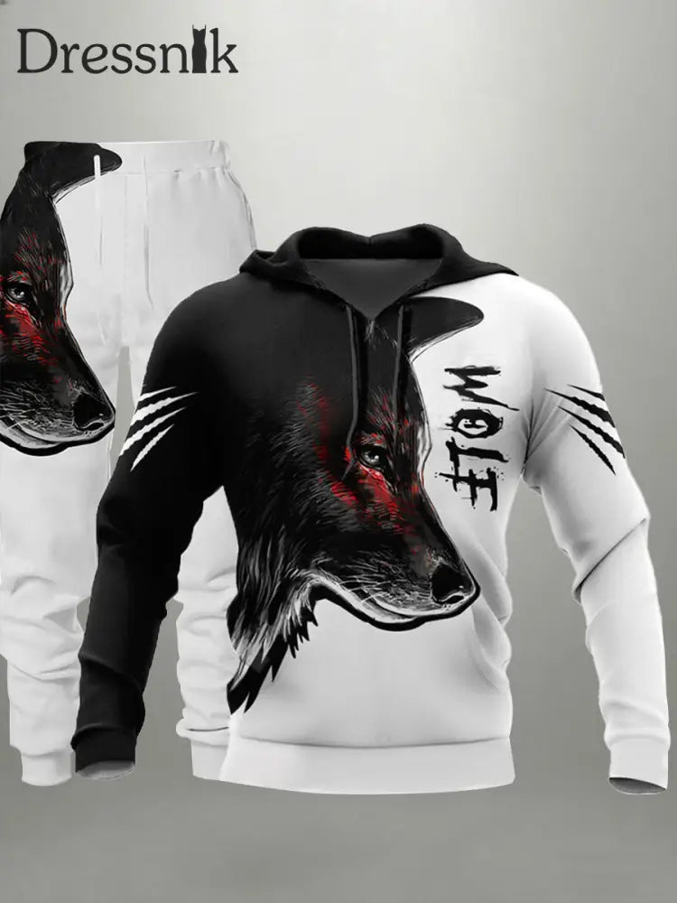 Herren Viking Wolf Hoodie und Jogging hose Set Schwarz und Weiß / S