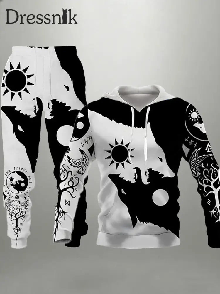 Herren Viking Wolf Hoodie und Jogging hose Set Schwarz und Weiß / S