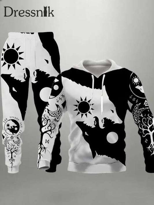 Herren Viking Wolf Hoodie und Jogging hose Set Schwarz und Weiß / S