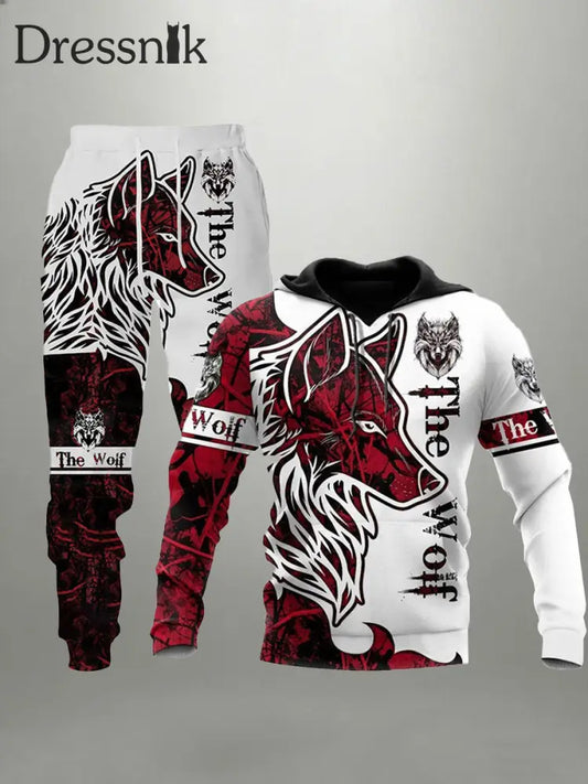 Herren Viking Wolf Hoodie und Jogging hose Set Weiß / S