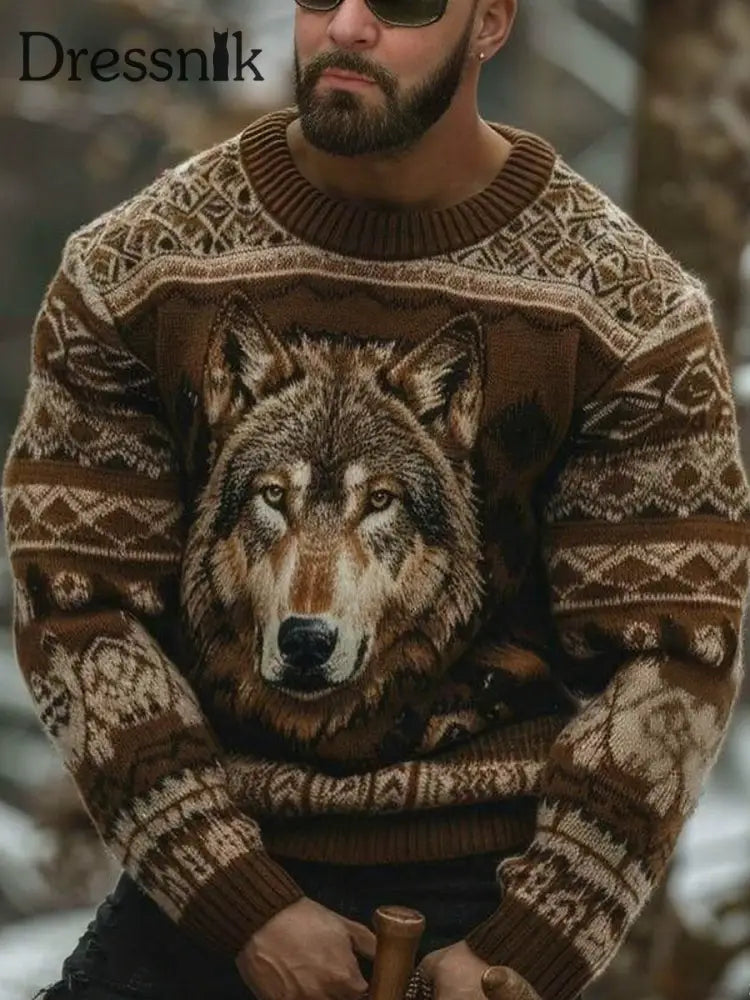 Herren Viking Wolf Pullover Braun / S