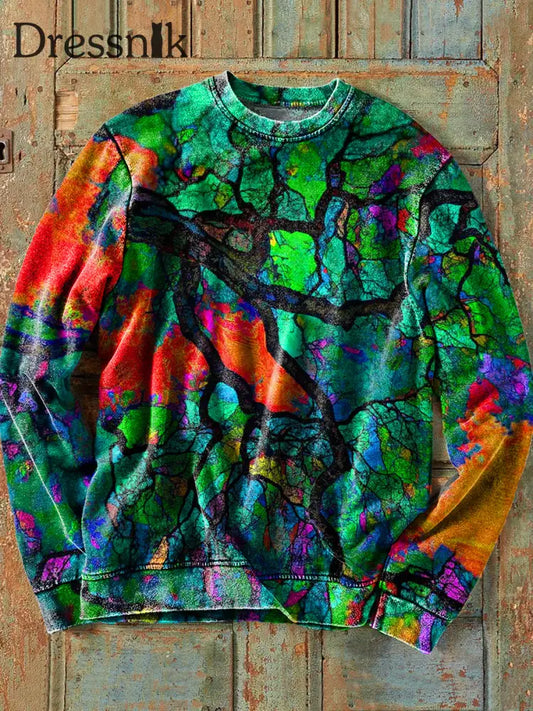 Herren Vintage Abstrakt Bunte Baum Zweig Kunstdruck Baumwolle Crew Hals Sweatshirt Bunt / S