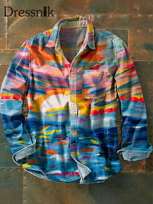 Herren Vintage Abstrakt Bunte Sonnen Untergang Aquarell Kunstdruck Revers Langarm Taschen Hemd Bunt