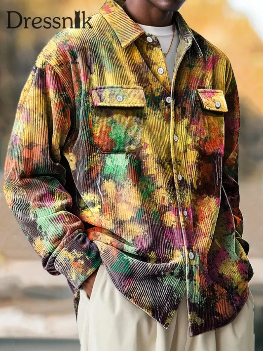 Herren Vintage Abstrakt Bunte Tinte Kunst Druck Cord Revers Langarm Taschen Hemd Bunt / S