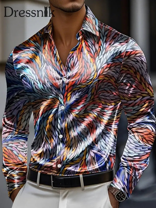 Herren Vintage Abstrakt Geometrischer Druck Premium Satin Langarm Hemd bunt / S