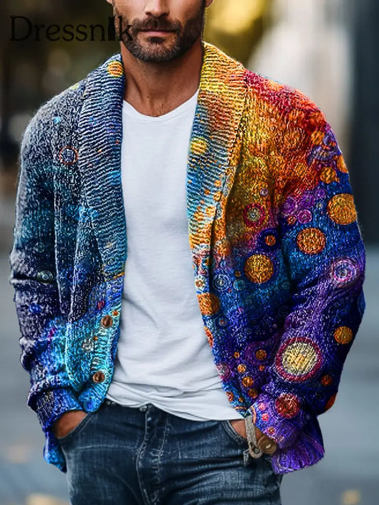 Herren Vintage Abstrakt Psychedelic Art Print Revers Langarm Strickjacke bunt / S