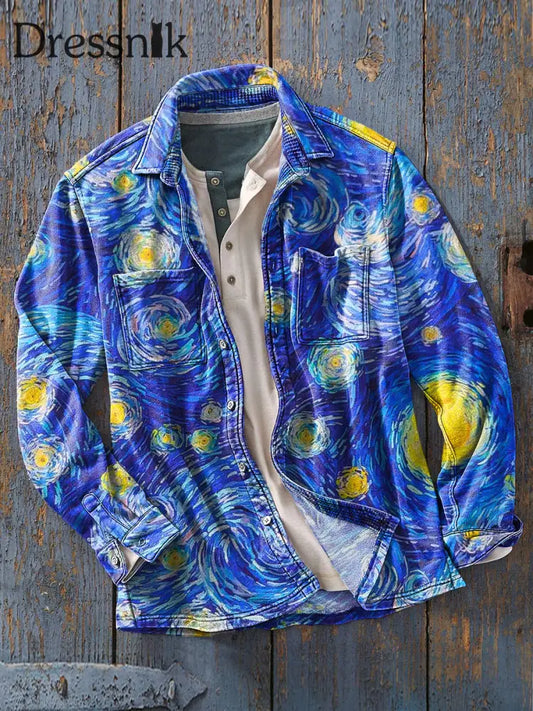 Herren Vintage Abstrakt Star Gemaltes Kunstdruck Weiches Revers Langarm Taschen Hemd Bunt / S