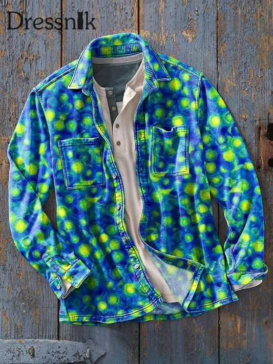 Herren Vintage Abstrakt Unregelmäßige Dot Art Print Weiche Revers Langarm Taschen Hemd Bunt / S