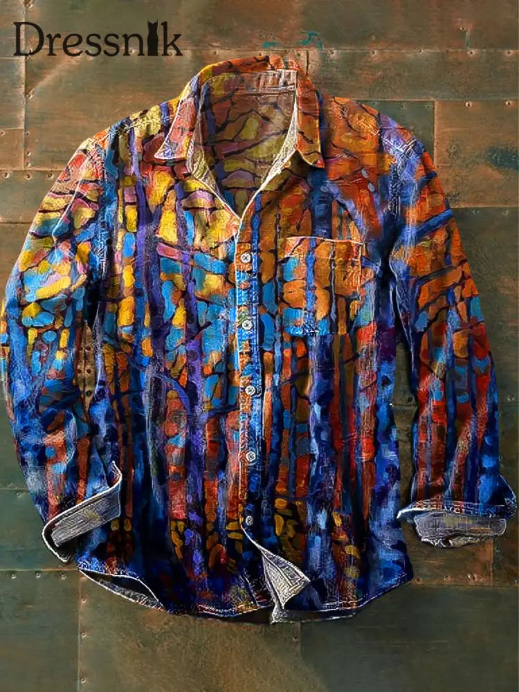 Herren Vintage Abstrakt Woods Buntes Ölgemälde Kunst Gedruckt Revers Langarm Taschen Hemd Bunt / S