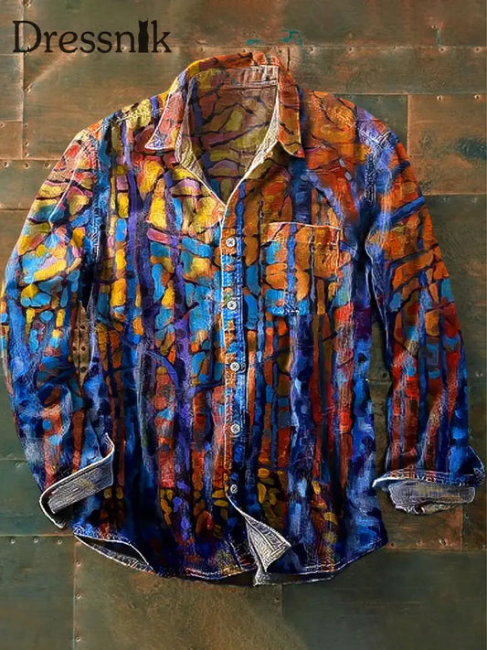 Herren Vintage Abstrakt Woods Buntes Ölgemälde Kunst Gedruckt Revers Langarm Taschen Hemd Bunt / S