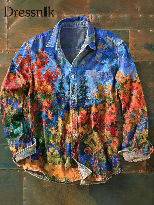 Herren Vintage Abstrakte Hügel Landschaft Ölgemälde Kunstdruck Revers Langarm Taschen Hemd Bunt / S