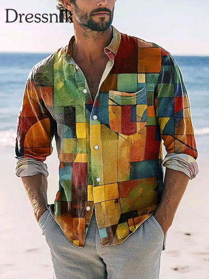 Herren Vintage Abstrakte Kunst Geometrischer Druck Premium Satin Langarm Hemd bunt / S