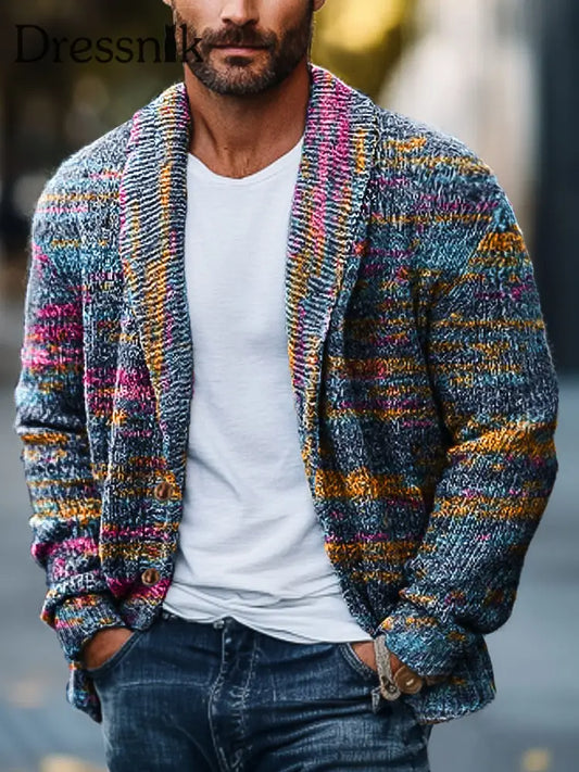 Herren Vintage Abstrakte Linie Kunstdruck Revers Langarm Strickjacke bunt / S