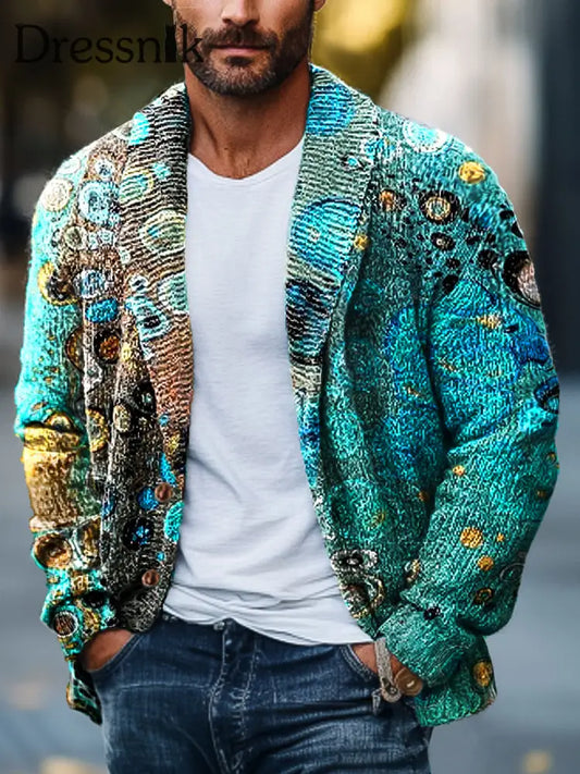 Herren Vintage Abstrakte Wasser Welle Kunstdruck Revers Langarm Strickjacke bunt / S