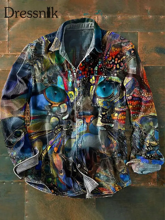 Herren Vintage Abstrakter Katzen Schmuck Aquarell Kunstdruck Revers Langarm Taschen Hemd Bunt / S