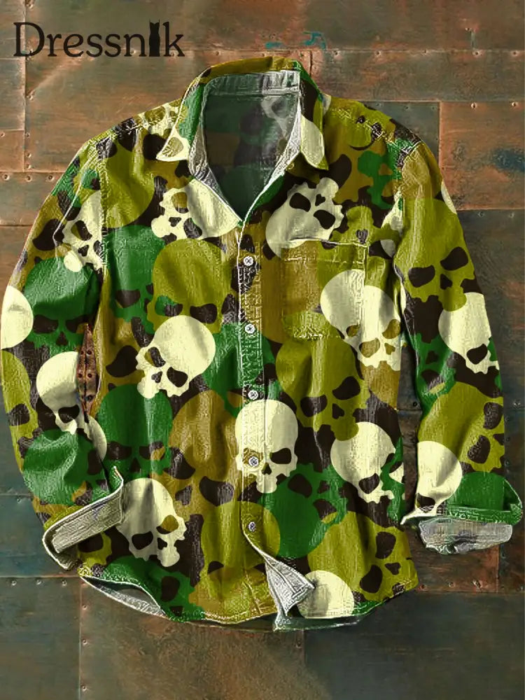 Herren Vintage Abstrakter Schädel Camo Kunstdruck Langarm Taschen hemd bunt / S