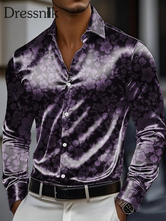 Herren Vintage Abstraktes Blumen druck Premium Satin Langarm Hemd bunt / S