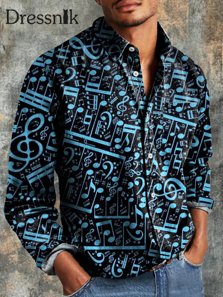 Herren Vintage Abstraktes Musik-Noten muster Langarm-Taschen hemd bunt / S