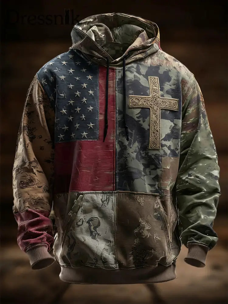 Herren Vintage American Flag Faith Cross Overs ized Drop-Shoulder Hoodie mit Taschen als bild / S