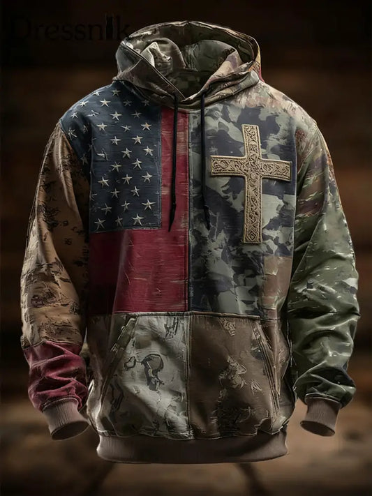 Herren Vintage American Flag Faith Cross Overs ized Drop-Shoulder Hoodie mit Taschen als bild / S