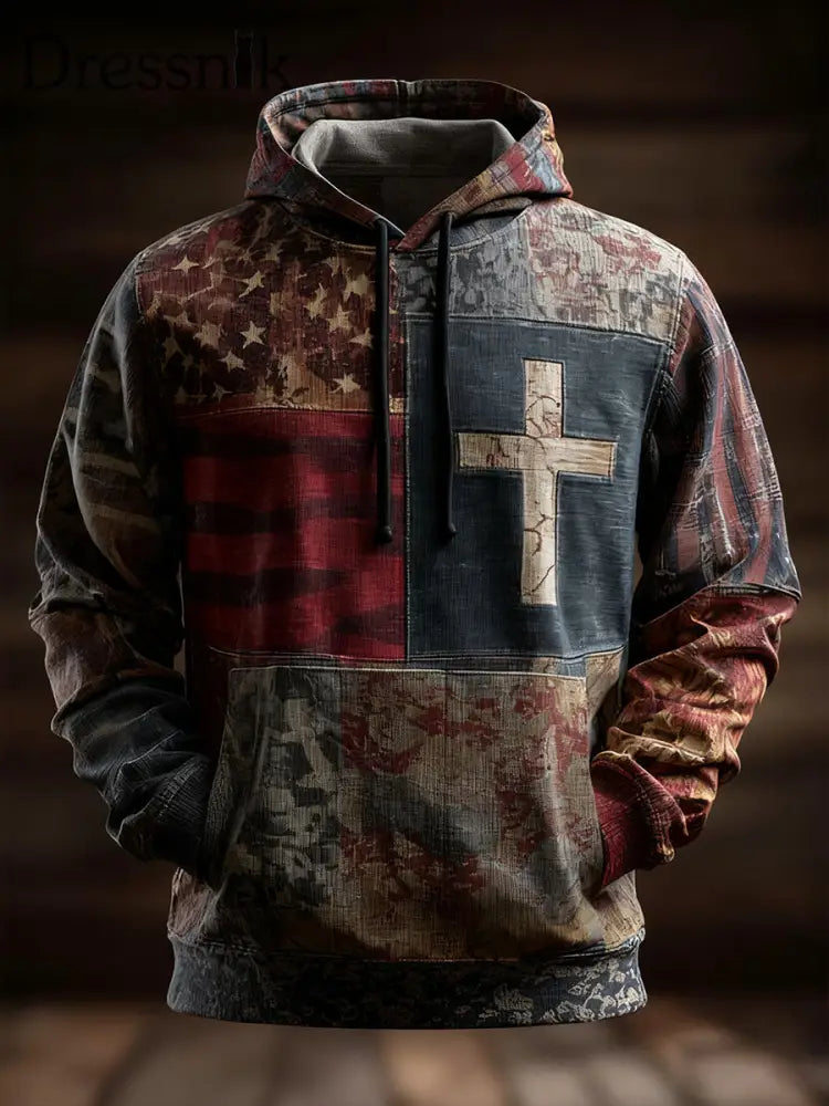 Herren Vintage American Flag Faith Cross Overs ized Drop-Shoulder Hoodie mit Taschen als bild / S