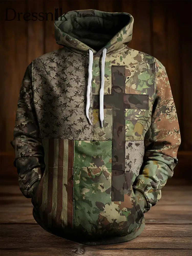 Herren Vintage American Flag Faith Cross Overs ized Drop-Shoulder Hoodie mit Taschen als bild / S