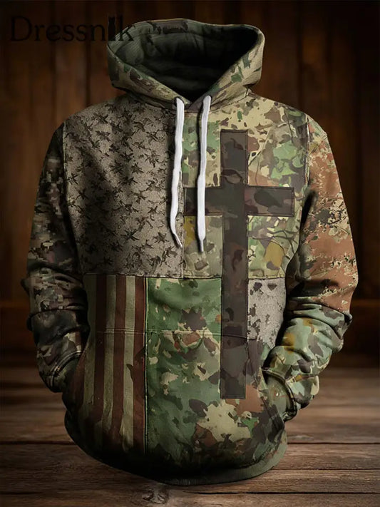 Herren Vintage American Flag Faith Cross Overs ized Drop-Shoulder Hoodie mit Taschen als bild / S