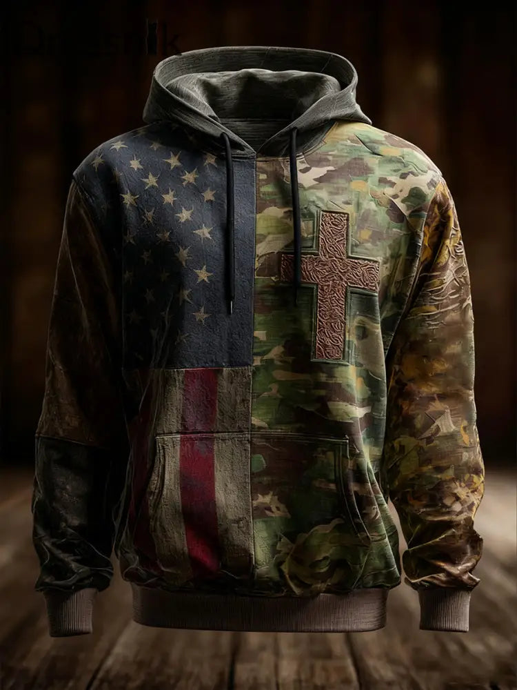 Herren Vintage American Flag Faith Cross Overs ized Drop-Shoulder Hoodie mit Taschen als bild / S