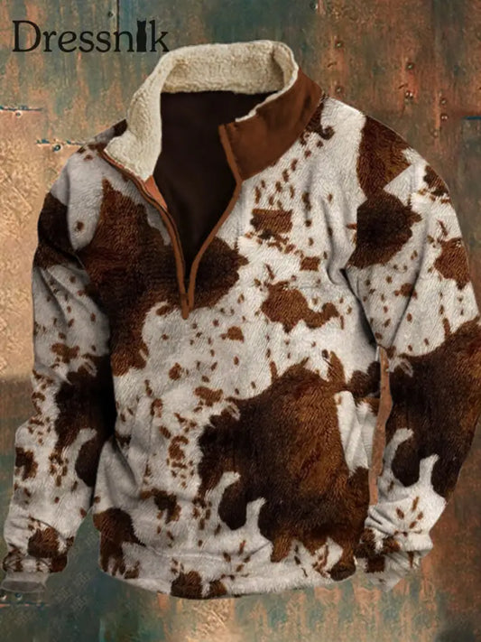 Herren Vintage Animal Print Flanell Print Pelz kragen Reiß verschluss Flush Outdoor Sweatshirt A / S