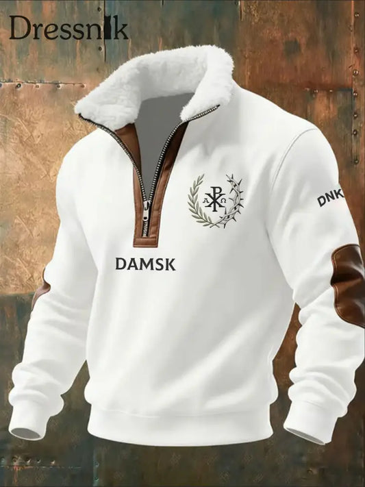 Herren Vintage bedrucktes lässiges Sweatshirt mit halbem Reiß verschluss und Fleece kragen A / S