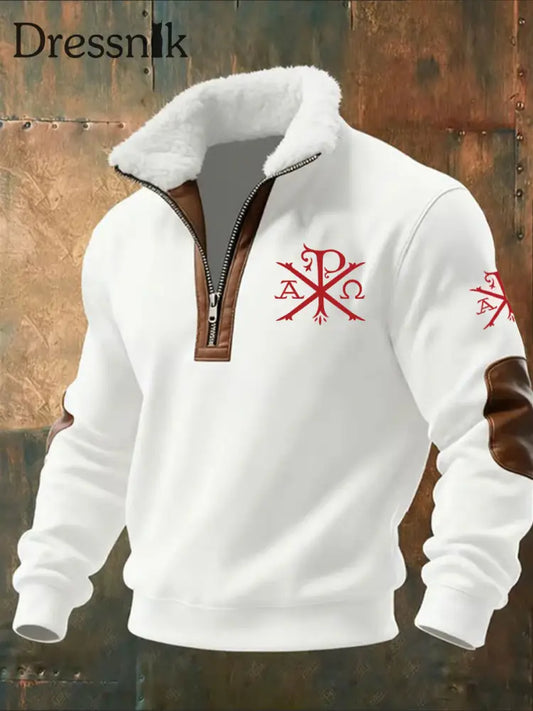 Herren Vintage bedrucktes lässiges Sweatshirt mit halbem Reiß verschluss und Fleece kragen A / S