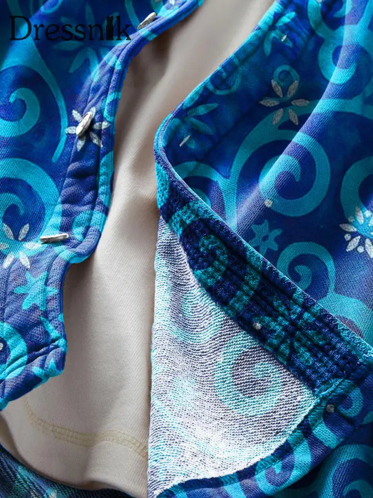 Herren Vintage Blue Line Floral Art Print Weiche Revers Langarm Taschen Hemd