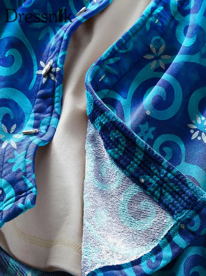 Herren Vintage Blue Line Floral Art Print Weiche Revers Langarm Taschen Hemd