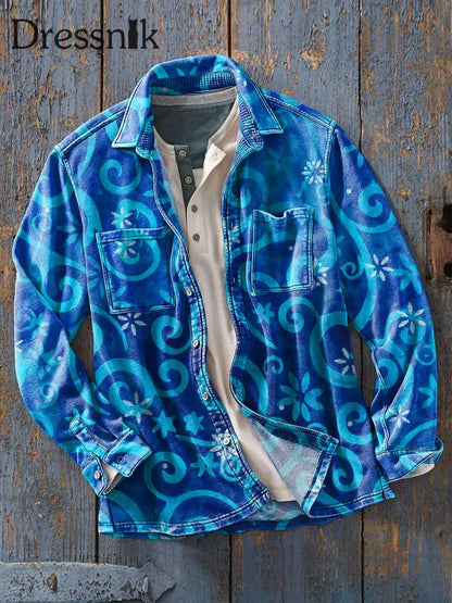 Herren Vintage Blue Line Floral Art Print Weiche Revers Langarm Taschen Hemd Bunt / S