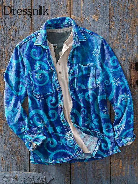 Herren Vintage Blue Line Floral Art Print Weiche Revers Langarm Taschen Hemd Bunt / S